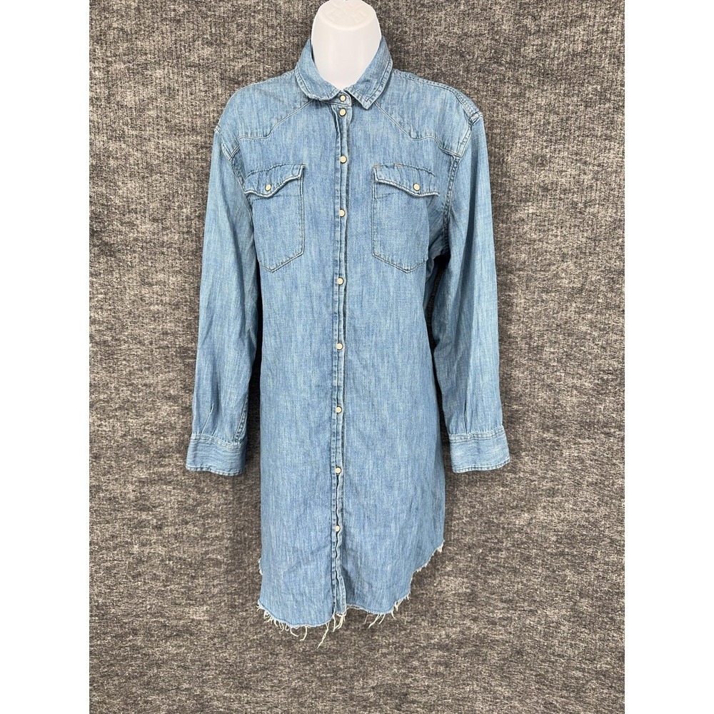 AllSaints Shirt Dress Womens L Blue Zelda Denim Western Button Front‎ Frayed Hem